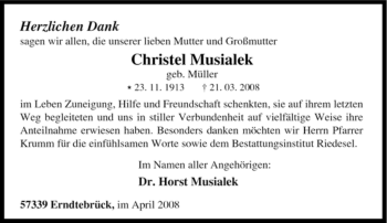 Traueranzeige von Christel Musialek von Tageszeitung