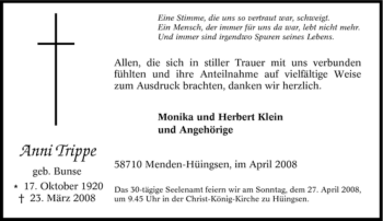 Traueranzeige von Anni Trippe von Tageszeitung