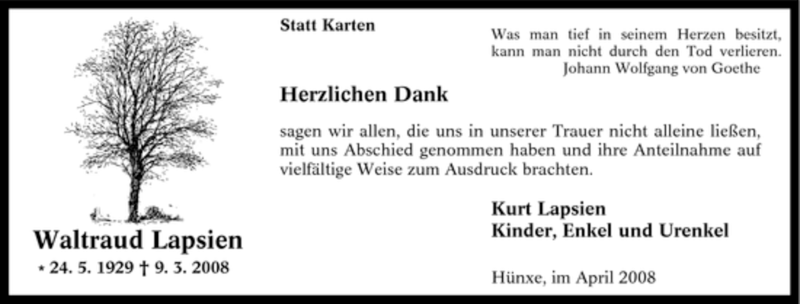  Traueranzeige für Waltraud Lapsien vom 19.04.2008 aus Tageszeitung