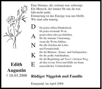 Traueranzeige von Edith Augustin von Tageszeitung