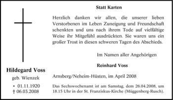 Traueranzeige von Hildegard Voss von Tageszeitung