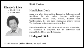 Traueranzeige von Elisabeth Lück von Tageszeitung