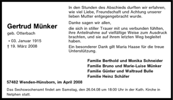 Traueranzeige von Gertrud Münker von Tageszeitung