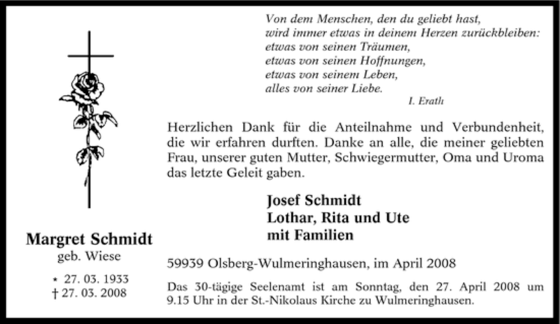  Traueranzeige für Margret Schmidt vom 19.04.2008 aus Tageszeitung