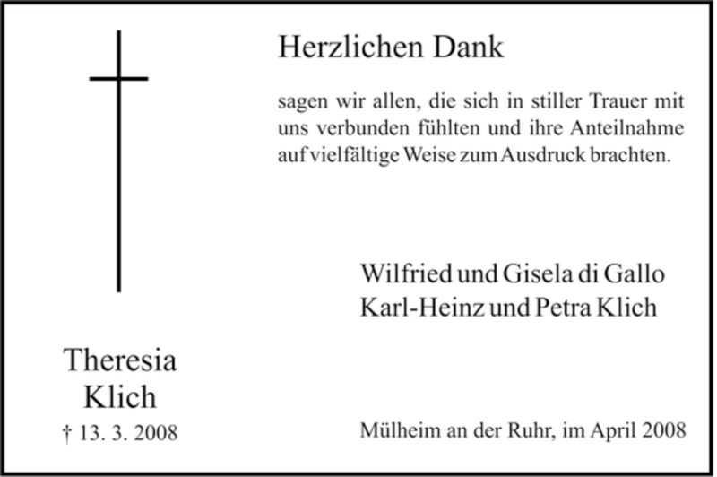  Traueranzeige für Theresia Klich vom 19.04.2008 aus Tageszeitung