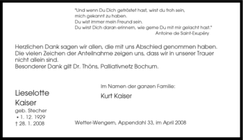Traueranzeige von Lieselotte Kaiser von Tageszeitung