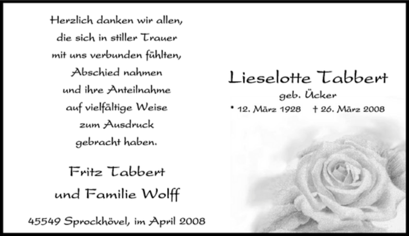  Traueranzeige für Lieselotte Tabbert vom 19.04.2008 aus Tageszeitung