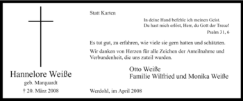 Traueranzeige von Hannelore Weiße von Tageszeitung