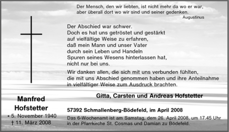  Traueranzeige für Manfred Hofstetter vom 21.04.2008 aus Tageszeitung