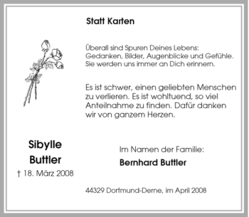 Traueranzeige von Sibylle Buttler von Tageszeitung