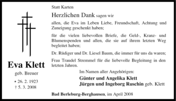 Traueranzeige von Eva Klett von Tageszeitung