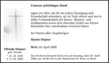 Traueranzeige von Elfriede Depner von Tageszeitung
