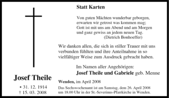 Traueranzeige von Josef Theile von Tageszeitung