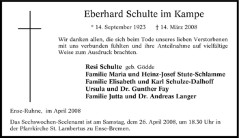 Traueranzeige von Eberhard Schulte im Kampe von Tageszeitung