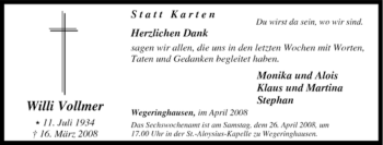Traueranzeige von Willi Vollmer von Tageszeitung