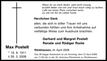 Traueranzeige von Max Postelt von Tageszeitung