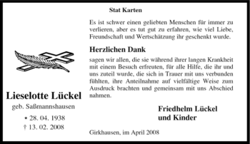 Traueranzeige von Lieselotte Lückel von Tageszeitung