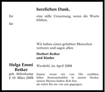 Traueranzeige von Helga Emmi Betker von Tageszeitung