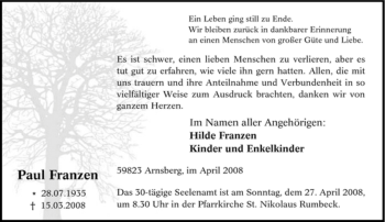 Traueranzeige von Paul Franzen von Tageszeitung