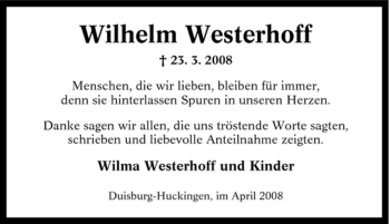 Traueranzeige von Wilhelm Westerhoff von Tageszeitung