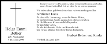 Traueranzeige von Helga Emmi Betker von Tageszeitung