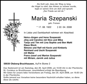 Traueranzeige von Maria Szepanski von Tageszeitung