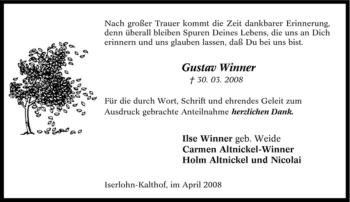 Traueranzeige von Gustav Winner von Tageszeitung