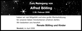 Traueranzeige von Alfred Bölling von Tageszeitung