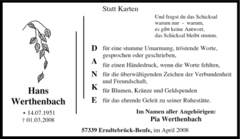 Traueranzeige von Hans Werthenbach von Tageszeitung