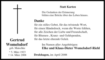 Traueranzeige von Gertrud Womelsdorf von Tageszeitung