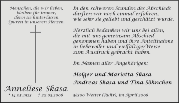 Traueranzeige von Anneliese Skasa von Tageszeitung