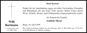 Traueranzeige von Willi Bartmann von Tageszeitung