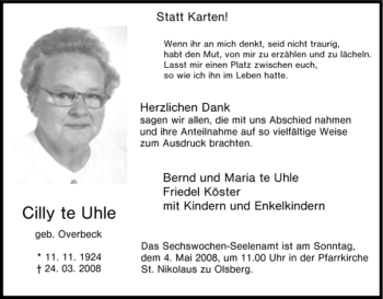 Traueranzeige von Cilly te Uhle von Tageszeitung