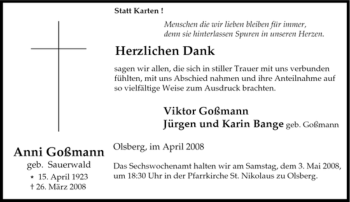 Traueranzeige von Anni Goßmann von Tageszeitung
