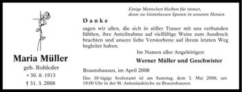 Traueranzeige von Maria Müller von Tageszeitung