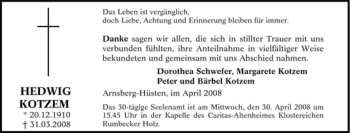 Traueranzeige von Hedwig Kotzem von Tageszeitung