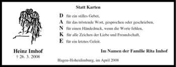 Traueranzeige von Heinz Imhof von Tageszeitung