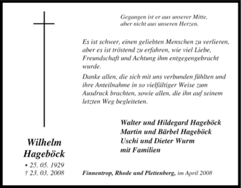 Traueranzeige von Wilhelm Hageböck von Tageszeitung