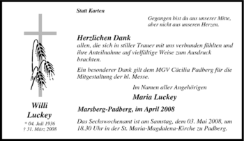 Traueranzeige von Willi Luckey von Tageszeitung