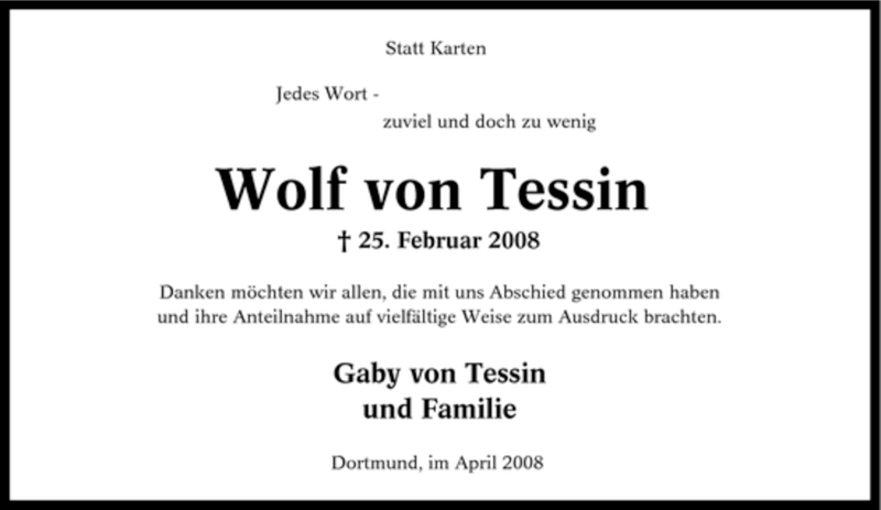  Traueranzeige für Wolf von Tessin vom 26.04.2008 aus Tageszeitung