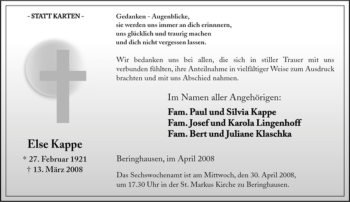 Traueranzeige von Else Kappe von Tageszeitung