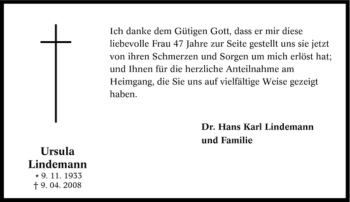Traueranzeige von Ursula Lindemann von Tageszeitung