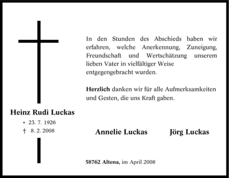  Traueranzeige für Heinz Rudi Luckas vom 26.04.2008 aus Tageszeitung