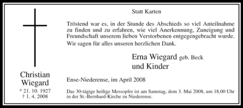  Traueranzeige für Christian Wiegard vom 26.04.2008 aus Tageszeitung