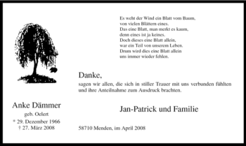 Traueranzeige von Anke Dämmer von Tageszeitung