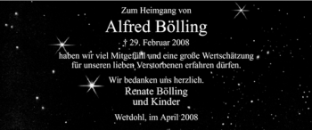 Traueranzeige von Alfred Bölling von Tageszeitung