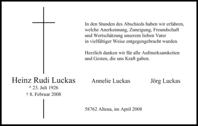  Traueranzeige für Heinz Rudi Luckas vom 26.04.2008 aus Tageszeitung