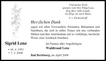 Traueranzeige von Sigrid Lenz von Tageszeitung
