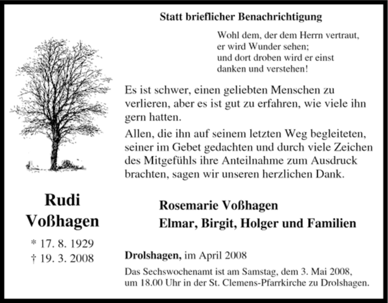  Traueranzeige für Rudi Voßhagen vom 29.04.2008 aus Tageszeitung