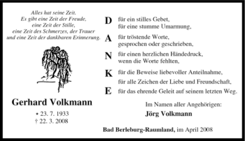 Traueranzeige von Gerhard Volkmann von Tageszeitung